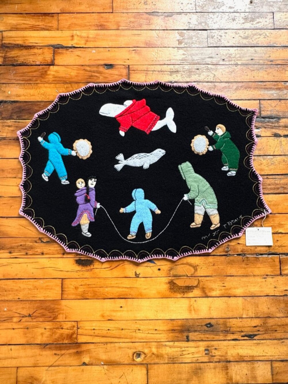 Vintage Inuit Felted Wool Playful Embroidered Wall Hanging by Theresa Totalik